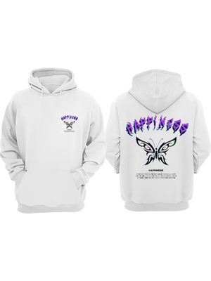 The Wert Unisex Happıness Kelebek Tasarım Ön Arka Baskılı Normal Kalıp Beyaz Sweatshirt