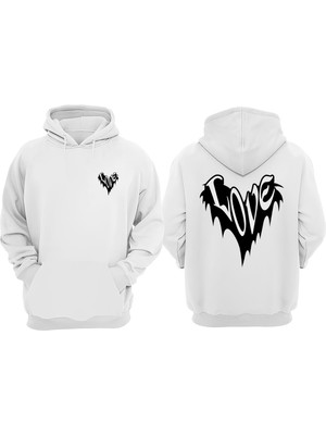 The Wert Unisex Love Logo Tasarım Ön Arka Baskılı Normal Kalıp Beyaz Sweatshirt