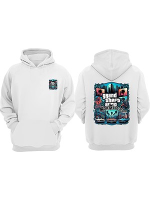 The Wert Unisex San Arreas Grand Poster Tasarım Ön Arka Baskılı Normal Kalıp Beyaz Sweatshirt