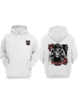The Wert Unisex Skull Graphic Tasarım Ön Arka Baskılı Normal Kalıp Beyaz Sweatshirt