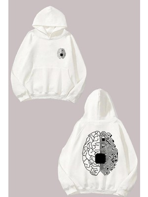 The Wert Unisex Robot Beyin Tasarım Ön Arka Baskılı Normal Kalıp Beyaz Sweatshirt