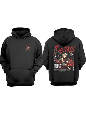 The Wert Unisex Destroy Customize Itin Kittl Tasarım Ön Arka Baskılı Normal Kalıp Siyah Sweatshirt