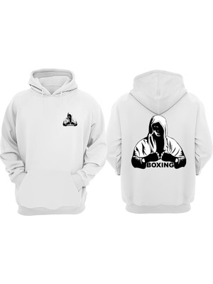 The Wert Unisex Boxing Karakter Tasarım Ön Arka Baskılı Normal Kalıp Beyaz Sweatshirt