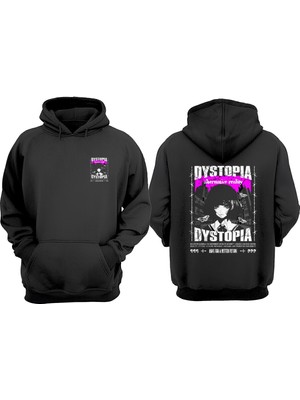 The Wert Unisex Anime Dystopia Tasarım Ön Arka Baskılı Normal Kalıp Siyah Sweatshirt