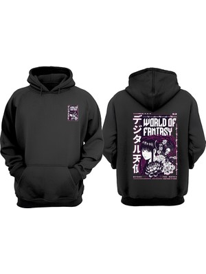 The Wert Unisex World Of Fantasy Tasarım Ön Arka Baskılı Normal Kalıp Siyah Sweatshirt