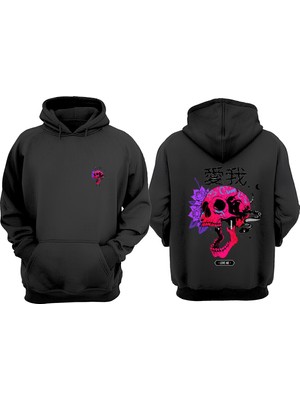 The Wert Unisex Love Me Pembe Kurukafa Yılan Tasarım Ön Arka Baskılı Normal Kalıp Siyah Sweatshirt