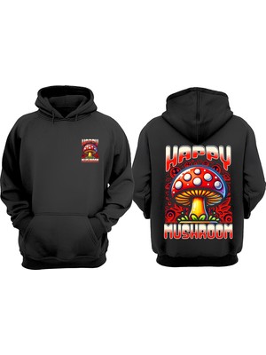 The Wert Unisex Happy Mushroom Tasarım Ön Arka Baskılı Normal Kalıp Siyah Sweatshirt