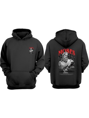 The Wert Unisex Moses Tasarım Ön Arka Baskılı Normal Kalıp Siyah Sweatshirt