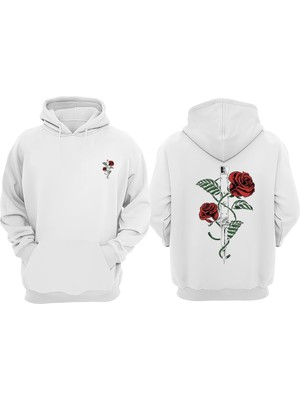 The Wert Unisex Bıçağa Sarılmış Gül Tasarım Ön Arka Baskılı Normal Kalıp Beyaz Sweatshirt