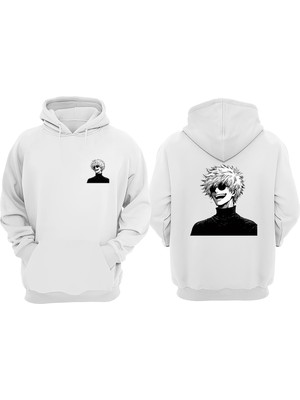 The Wert Unisex Gojo Saturo Smile Tasarım Ön Arka Baskılı Normal Kalıp Beyaz Sweatshirt