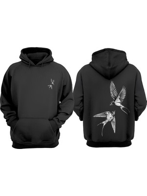 The Wert Unisex Kuşlar Tasarım Ön Arka Baskılı Normal Kalıp Siyah Sweatshirt