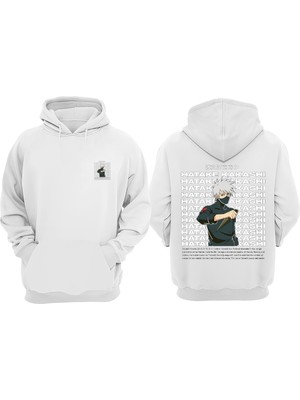 The Wert Unisex Hatake Kakashi Tasarım Ön Arka Baskılı Normal Kalıp Beyaz Sweatshirt