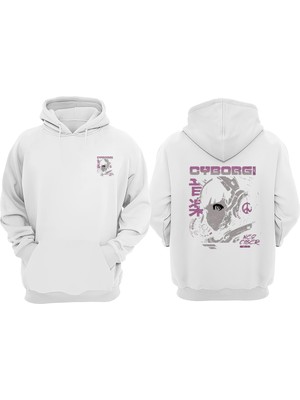 The Wert Unisex Cyborg Tasarım Ön Arka Baskılı Normal Kalıp Beyaz Sweatshirt