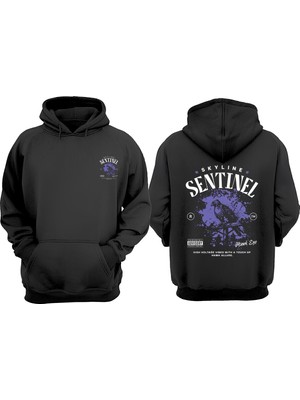 The Wert Unisex Skyline Sentinel Tasarım Ön Arka Baskılı Normal Kalıp Siyah Sweatshirt