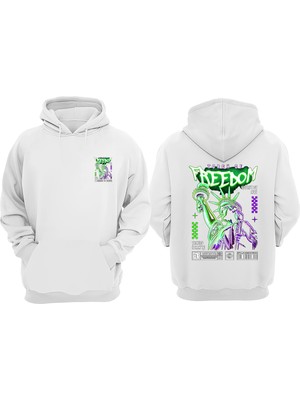 The Wert Unisex Torch Of Freedom Tasarım Ön Arka Baskılı Normal Kalıp Beyaz Sweatshirt