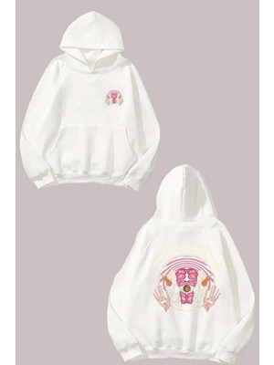The Wert Unisex Psych Gözler Tasarım Ön Arka Baskılı Normal Kalıp Beyaz Sweatshirt