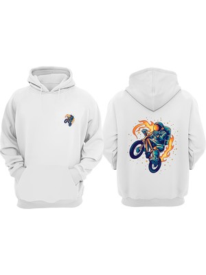 The Wert Unisex Alevlı Motorcu Astranot Tasarım Ön Arka Baskılı Normal Kalıp Beyaz Sweatshirt