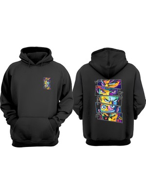 The Wert Unisex Anime Legends In Pop Tasarım Ön Arka Baskılı Normal Kalıp Siyah Sweatshirt