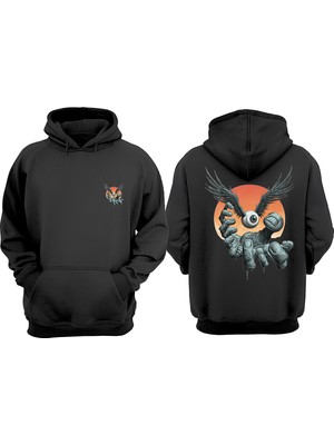 The Wert Unisex Kanatlı Göz Tasarım Ön Arka Baskılı Normal Kalıp Siyah Sweatshirt