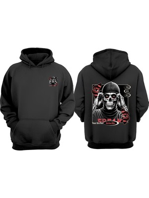 The Wert Unisex Skull Graphic Tasarım Ön Arka Baskılı Normal Kalıp Siyah Sweatshirt