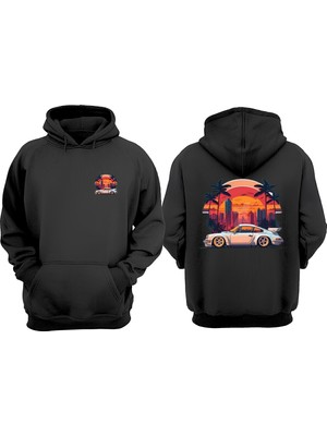 The Wert Unisex Palmiye Şehir ve Car Tasarım Ön Arka Baskılı Normal Kalıp Siyah Sweatshirt
