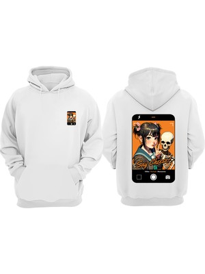 The Wert Unisex Cartoon Graphic Tasarım Ön Arka Baskılı Normal Kalıp Beyaz Sweatshirt