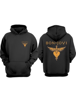 The Wert Unisex Bon Jovi Tasarım Ön Arka Baskılı Normal Kalıp Siyah Sweatshirt
