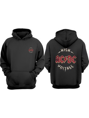 The Wert Unisex Hıgh Voltage Ac Dc Tasarım Ön Arka Baskılı Normal Kalıp Siyah Sweatshirt