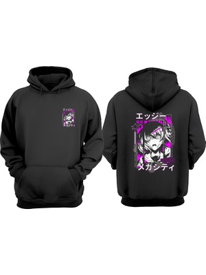The Wert Unisex Japanese Anime School Girl Manga Tasarım Ön Arka Baskılı Normal Kalıp Siyah Sweatshirt