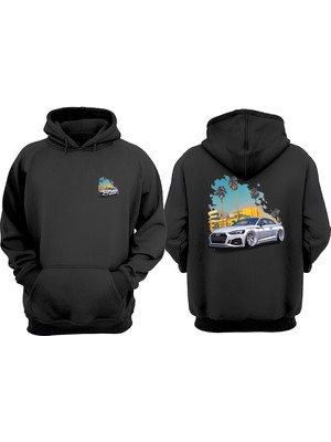 The Wert Unisex Palmiye Araba Tasarım Ön Arka Baskılı Normal Kalıp Siyah Sweatshirt