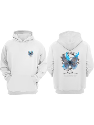 The Wert Unisex Dikenli Tel Kelebek Tasarım Ön Arka Baskılı Normal Kalıp Beyaz Sweatshirt