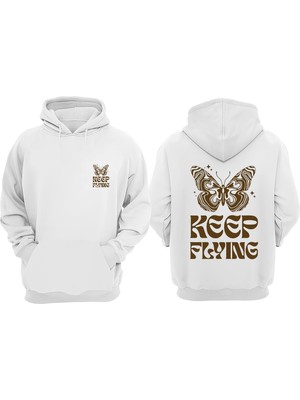 The Wert Unisex Keep Flyıng Tasarım Ön Arka Baskılı Normal Kalıp Beyaz Sweatshirt