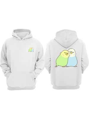 The Wert Unisex Sevgili Muhabbet Kuşları Tasarım Ön Arka Baskılı Normal Kalıp Beyaz Sweatshirt