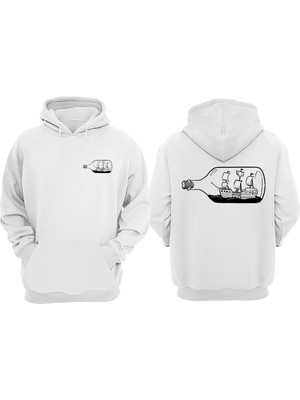 The Wert Unisex Şişedeki Gemi Tasarım Ön Arka Baskılı Normal Kalıp Beyaz Sweatshirt