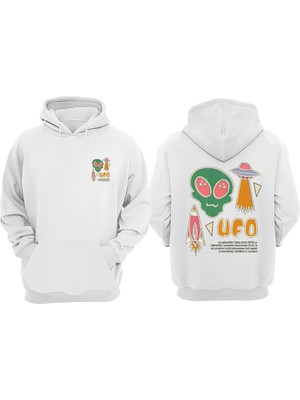 The Wert Unisex Ufo Karükatür Tasarım Ön Arka Baskılı Normal Kalıp Beyaz Sweatshirt