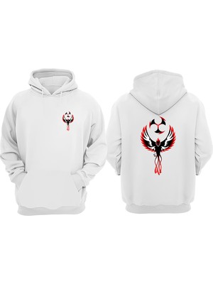 The Wert Unisex Anka Kuşu ve Ninja Yıldızı Tasarım Ön Arka Baskılı Normal Kalıp Beyaz Sweatshirt