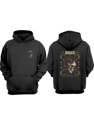 The Wert Unisex Zodiac Skull Aries Vintage Tasarım Ön Arka Baskılı Normal Kalıp Siyah Sweatshirt