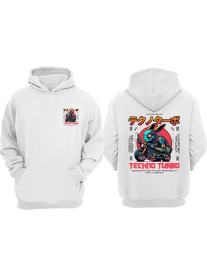The Wert Unisex Techno Turbo Tasarım Ön Arka Baskılı Normal Kalıp Beyaz Sweatshirt