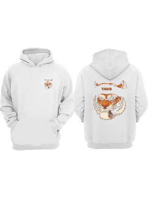 The Wert Unisex Tiger Puro Tasarım Ön Arka Baskılı Normal Kalıp Beyaz Sweatshirt