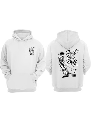 The Wert Unisex Just Go And Golf Tasarım Ön Arka Baskılı Normal Kalıp Beyaz Sweatshirt