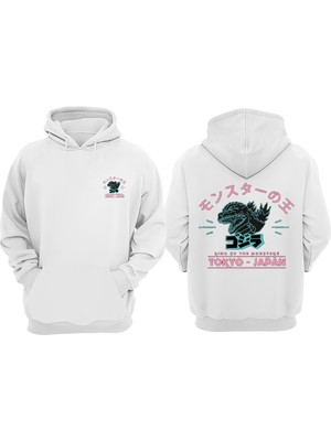 The Wert Unisex King Of The Monster Japan Tasarım Ön Arka Baskılı Normal Kalıp Beyaz Sweatshirt