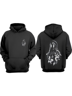 The Wert Unisex Denizci Hayalet Tasarım Ön Arka Baskılı Normal Kalıp Siyah Sweatshirt