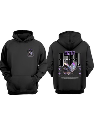 The Wert Unisex Meta Butterfly Tasarım Ön Arka Baskılı Normal Kalıp Siyah Sweatshirt