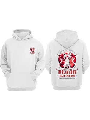 The Wert Unisex Red Moon Bakeneko Tasarım Ön Arka Baskılı Normal Kalıp Beyaz Sweatshirt
