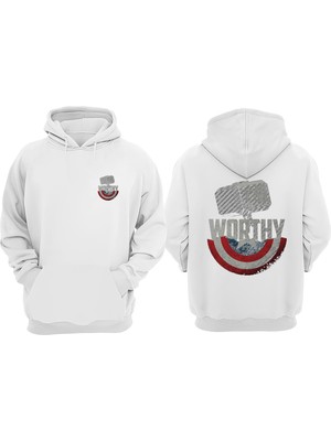 The Wert Unisex Thor Captaın Amerika Tasarım Ön Arka Baskılı Normal Kalıp Beyaz Sweatshirt