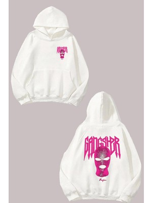 The Wert Unisex Pink Gangster Tasarım Ön Arka Baskılı Normal Kalıp Beyaz Sweatshirt