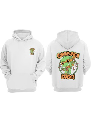 The Wert Unisex Cowabunge Dude Ninja Kaplumba Tasarım Ön Arka Baskılı Normal Kalıp Beyaz Sweatshirt