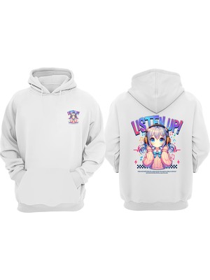 The Wert Unisex Listen Up Tasarım Ön Arka Baskılı Normal Kalıp Beyaz Sweatshirt