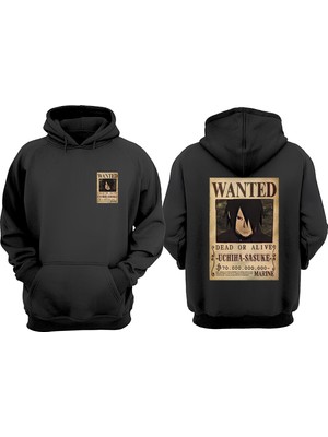 The Wert Unisex Wanted Ushıha Sasuke Tasarım Ön Arka Baskılı Normal Kalıp Siyah Sweatshirt