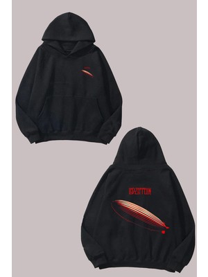 The Wert Unisex Red Zeppelin Tasarım Ön Arka Baskılı Normal Kalıp Siyah Sweatshirt